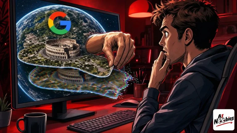 Google Earth globe shown with a fake AI scene being peeled off a satellite map