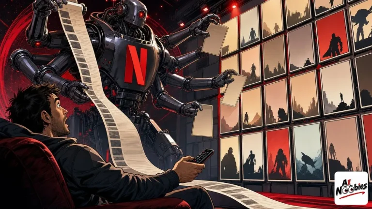 Netflix GenRec robot reading a long paper strip and rearranging a wall of film posters