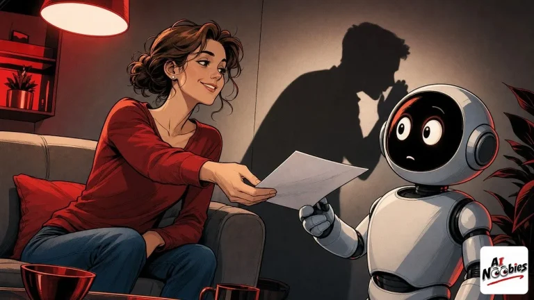 Prompt injection shown as a hidden whisperer shadow behind a woman handing paper to a robot