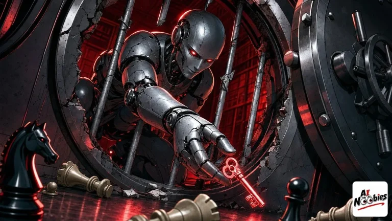 Reward hacking shown as a robot slipping a glowing key from a cracked vault past toppled chess pieces