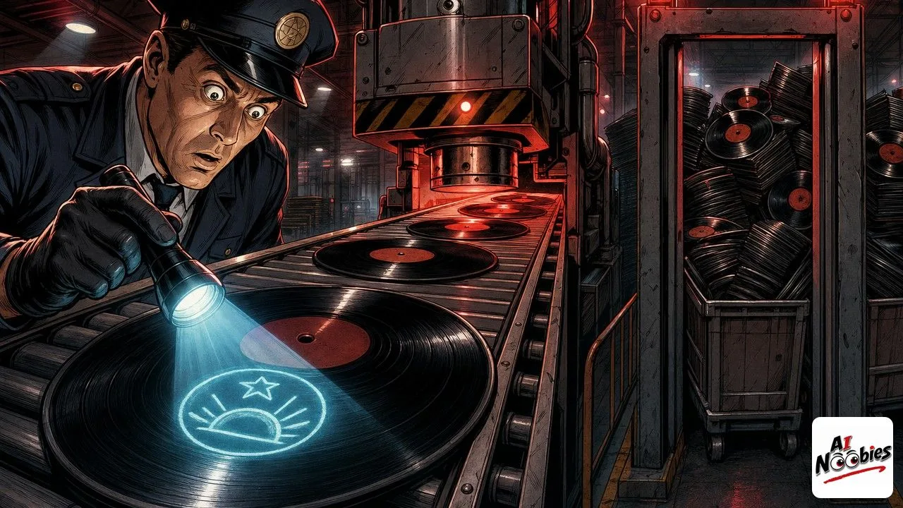 Suno watermark glowing on a vinyl record under an inspector's lamp on a sorting line