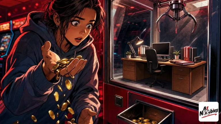 Taskade free plan as arcade tokens slip away while a claw machine delivers a desk