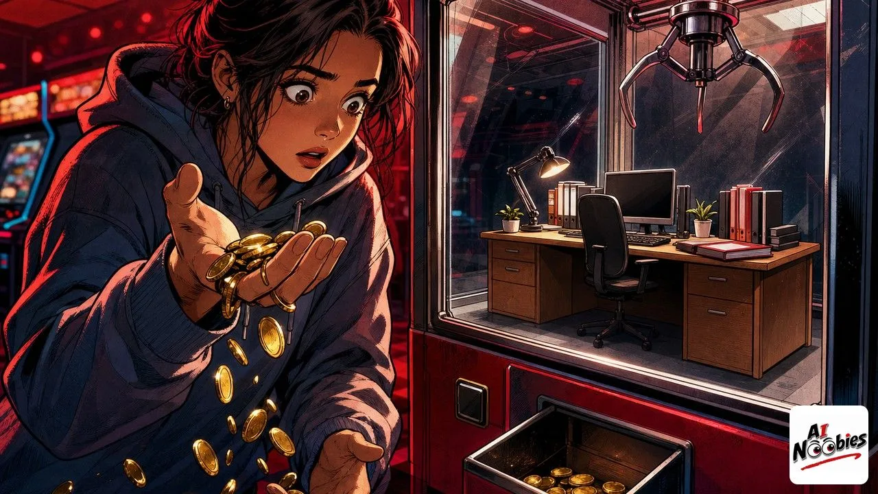 Taskade free plan as arcade tokens slip away while a claw machine delivers a desk