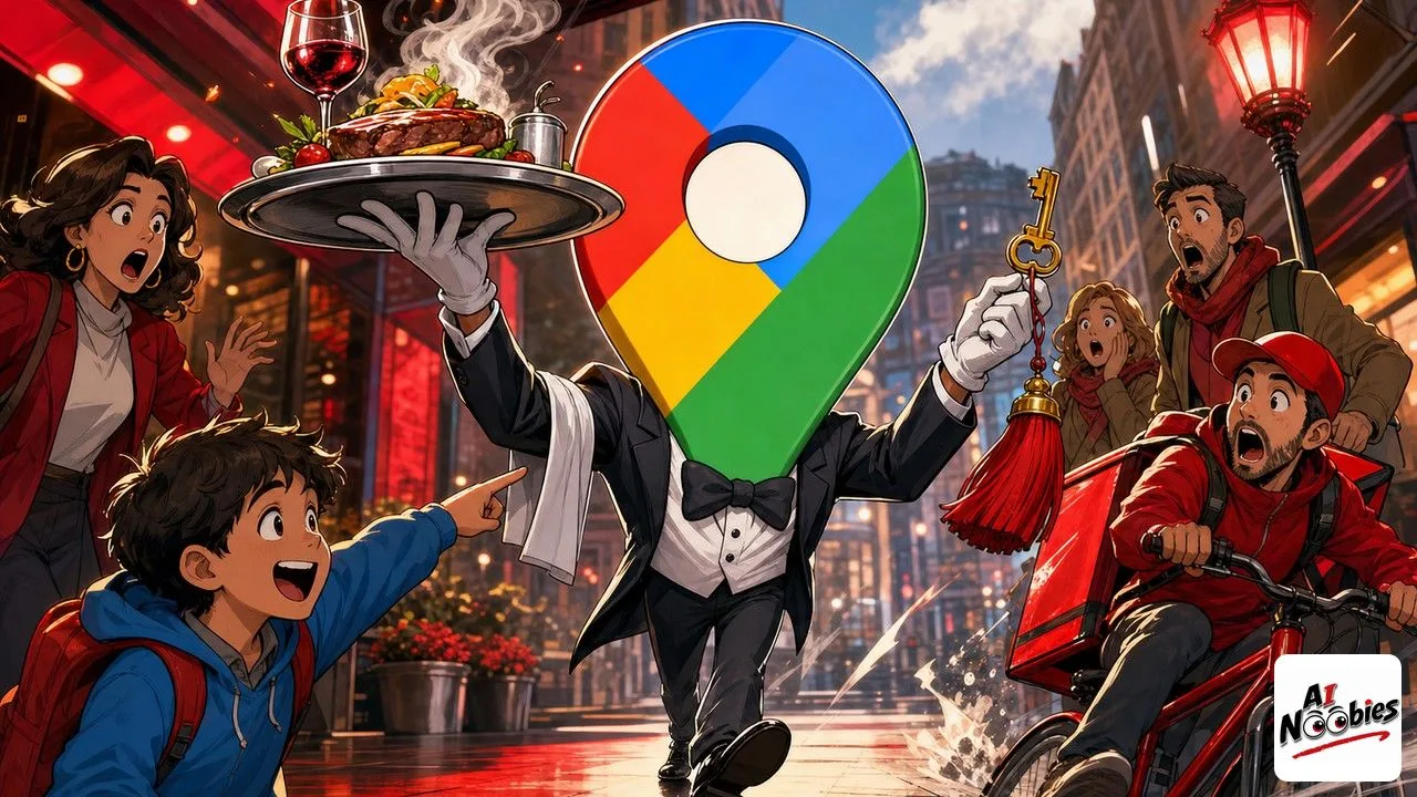 Google Maps pin acting as a waiter carrying a dinner tray and a hotel key down a city street