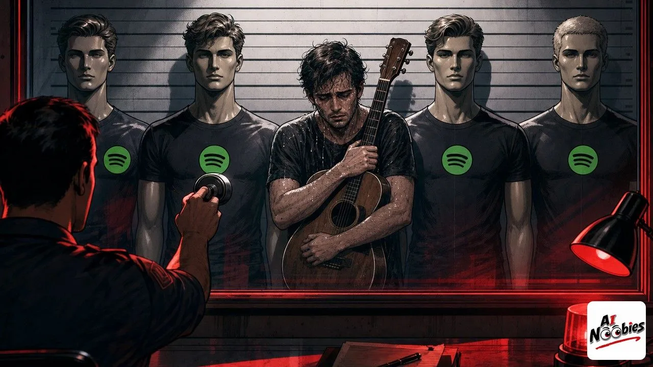 AI Persona badges stamped on identical mannequin singers beside one real musician holding a guitar