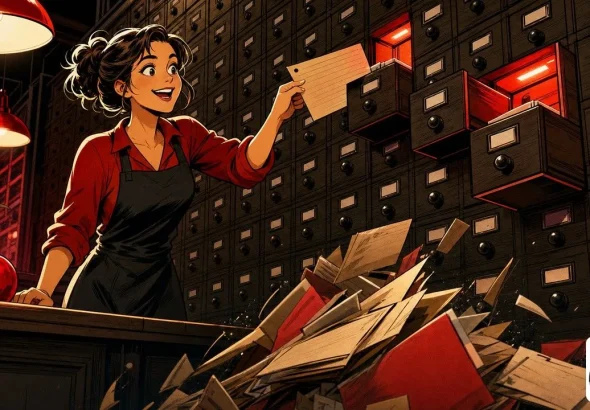 AI for small business shown as a shop owner opening three lit archive drawers