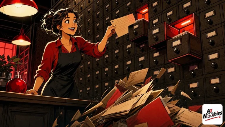 AI for small business shown as a shop owner opening three lit archive drawers