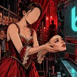 Dramagic machine absorbing an actress face among rows of hanging human faces backstage