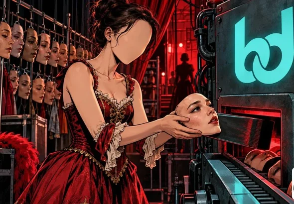 Dramagic machine absorbing an actress face among rows of hanging human faces backstage