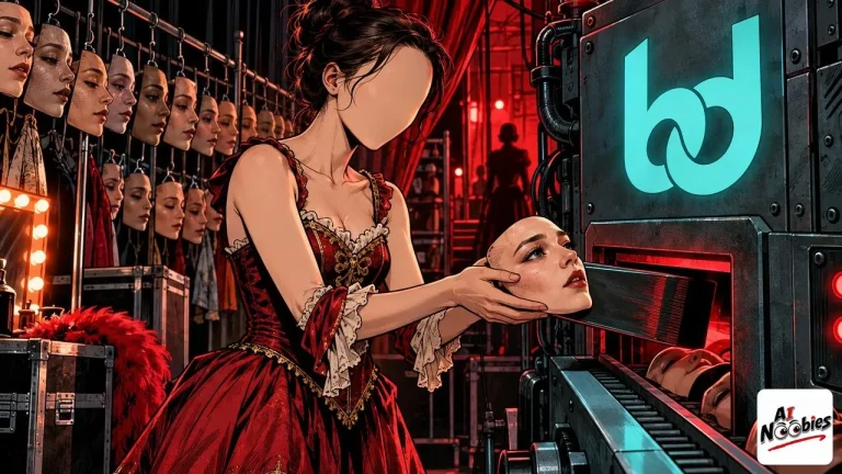 Dramagic machine absorbing an actress face among rows of hanging human faces backstage