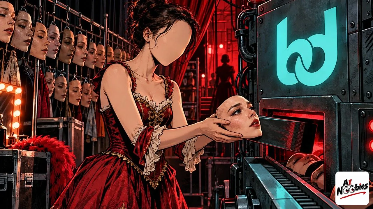 Dramagic machine absorbing an actress face among rows of hanging human faces backstage