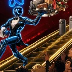 Meta Muse robot butler racing up a golden escalator past frozen old voice assistants