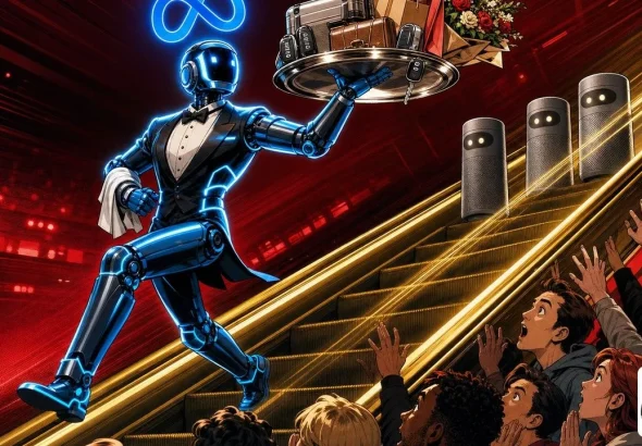 Meta Muse robot butler racing up a golden escalator past frozen old voice assistants
