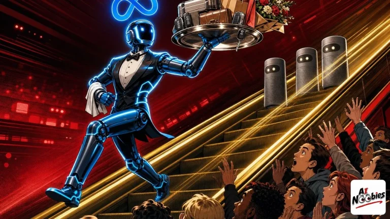 Meta Muse robot butler racing up a golden escalator past frozen old voice assistants