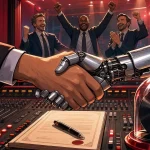 Suno v6 deal sealed by a human and robot handshake over a mixing desk and a contract
