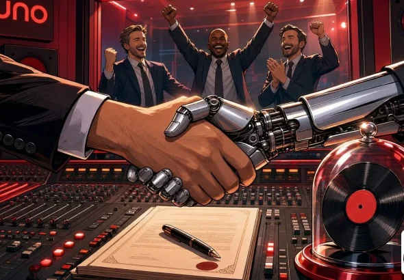 Suno v6 deal sealed by a human and robot handshake over a mixing desk and a contract