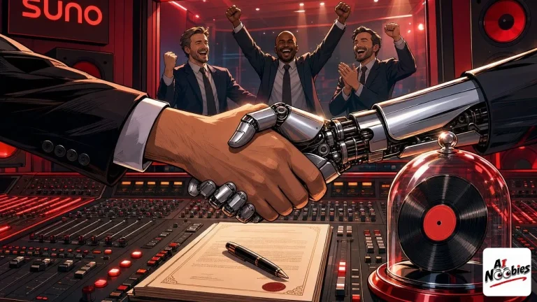 Suno v6 deal sealed by a human and robot handshake over a mixing desk and a contract