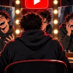 YouTube Studio showing three different reflections of one creator in a dressing room mirror
