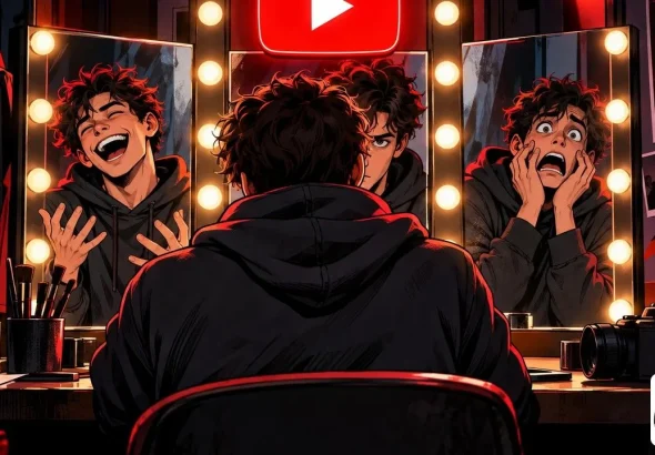 YouTube Studio showing three different reflections of one creator in a dressing room mirror