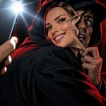 Deepfake mask slipping off an impostor's face under an iPhone camera flash