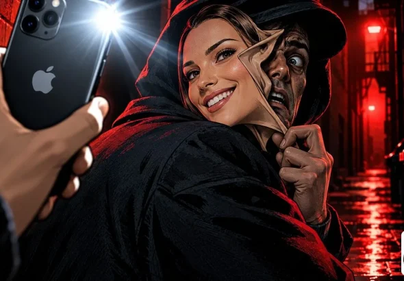 Deepfake mask slipping off an impostor's face under an iPhone camera flash