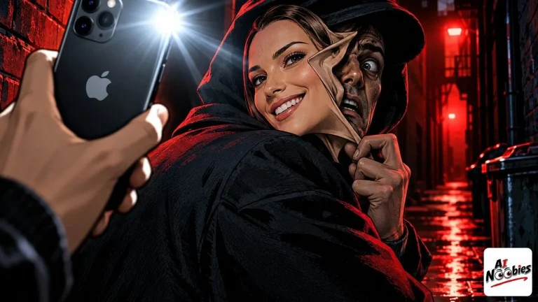 Deepfake mask slipping off an impostor's face under an iPhone camera flash