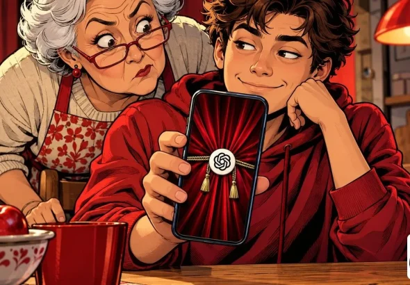 Locked chats shown as a closed theater curtain on a phone at a family kitchen table