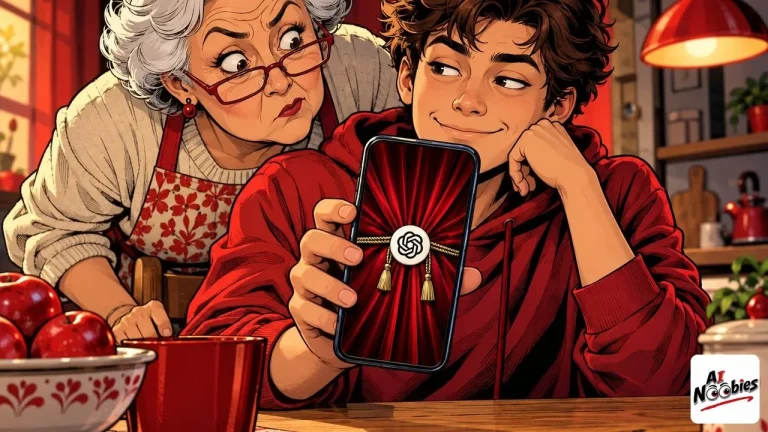 Locked chats shown as a closed theater curtain on a phone at a family kitchen table